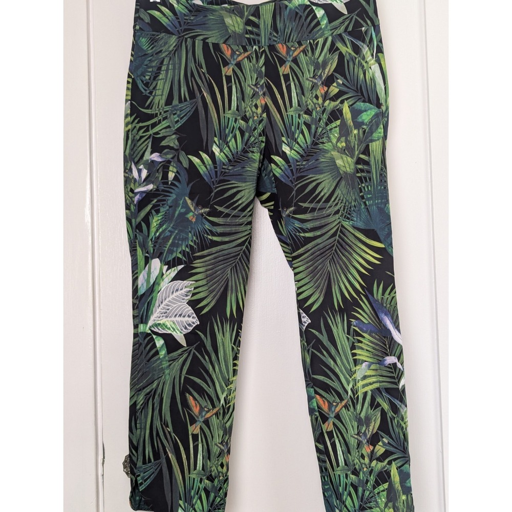 Soft Surroundings Tropical Print Pull On Pants PM Black Green Bird Leaf